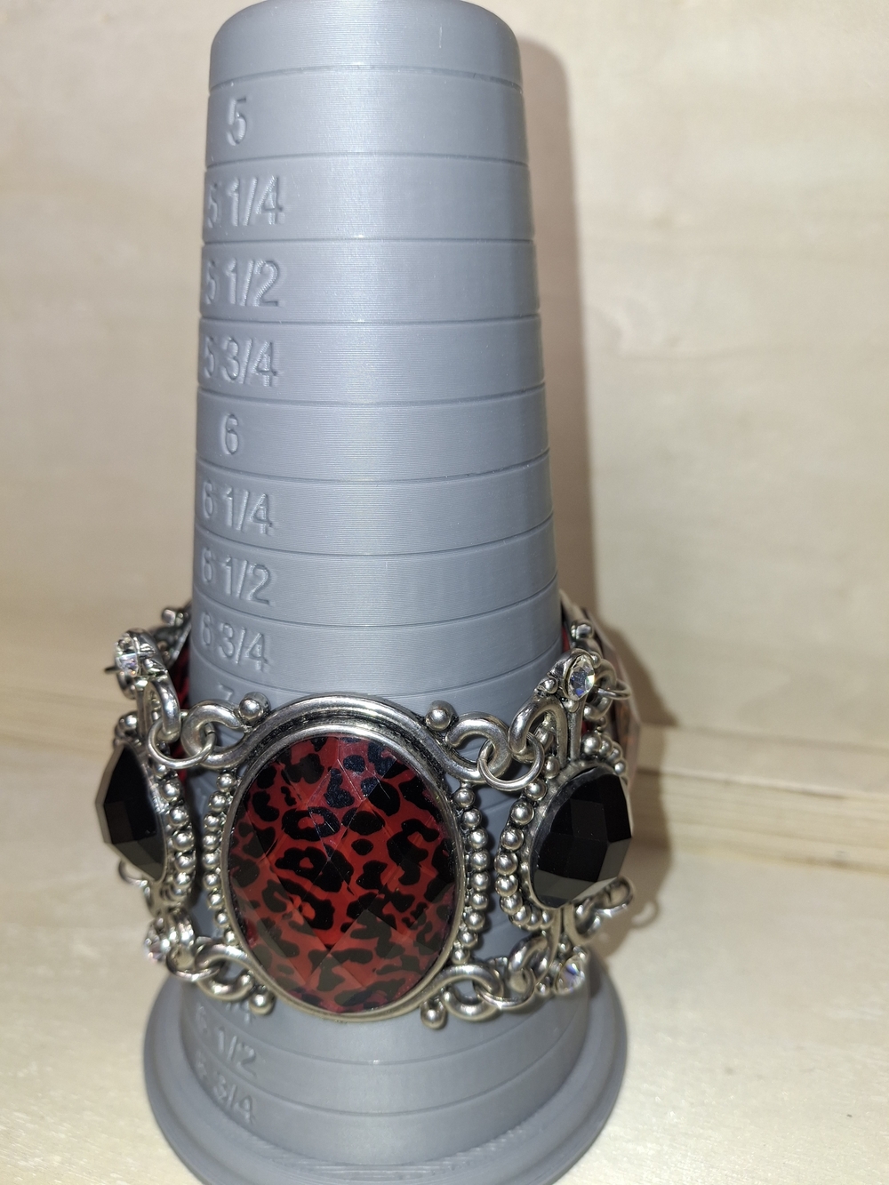 Red Leopard Statement Bracelet - Silver Tone